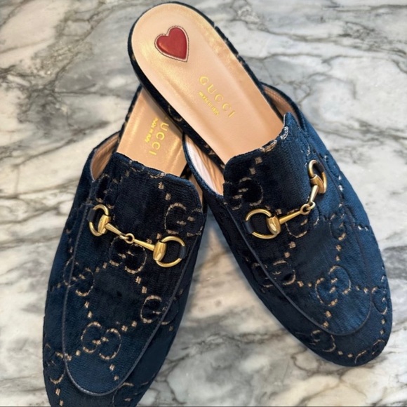 Gucci Shoes - Gucci Princetown Navy Blue and Gold Gg Logo loafers SZ 38.5 Authentic with Box